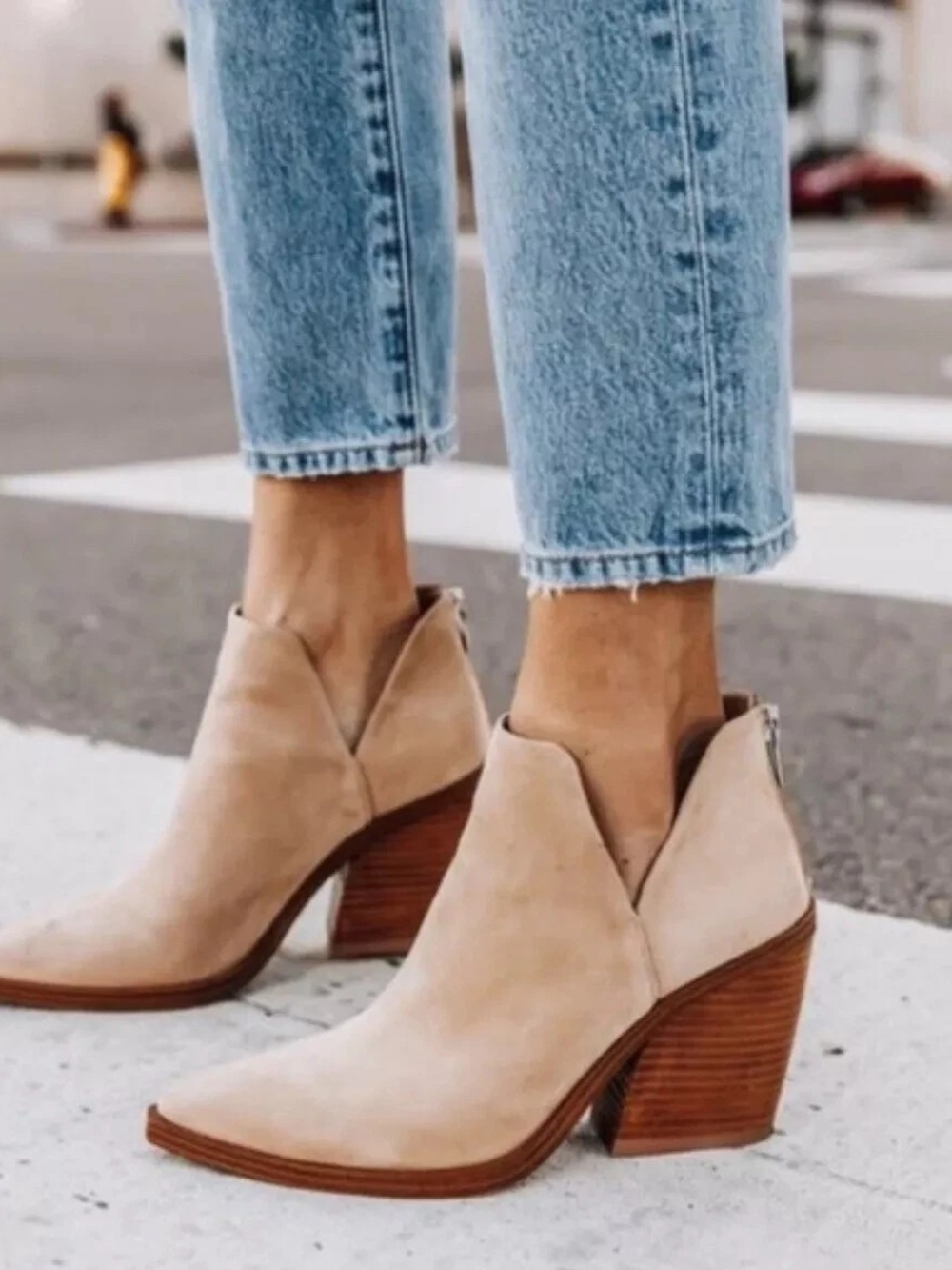 Vince Camuto Taupe Suede Pointed Ankle Booties with Stacked Wood Heel